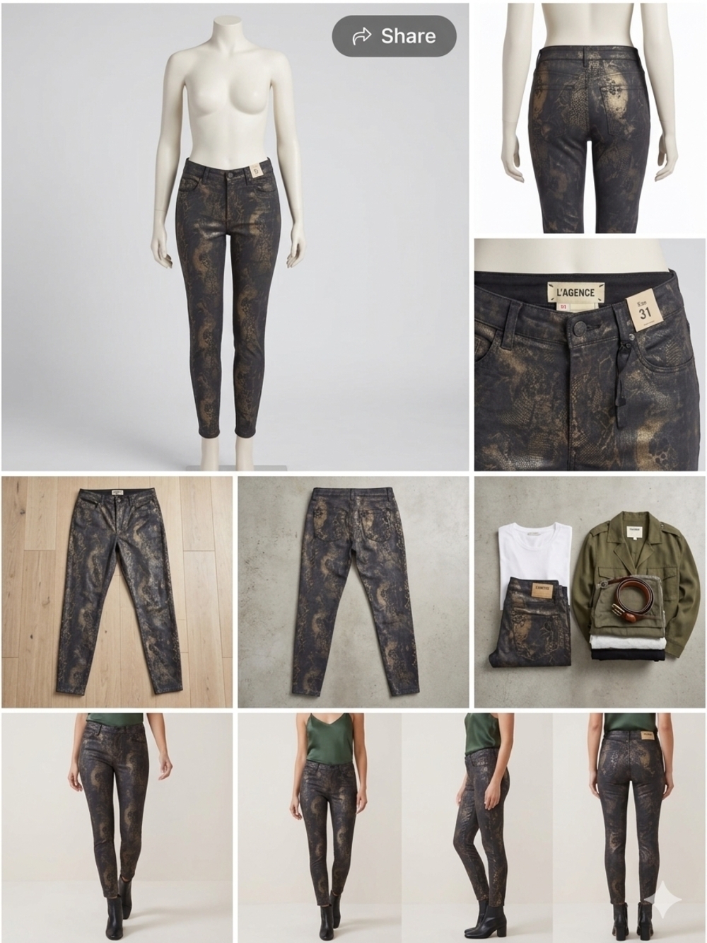 L'AGENCE Black Jeans with Bronze Metallic Print